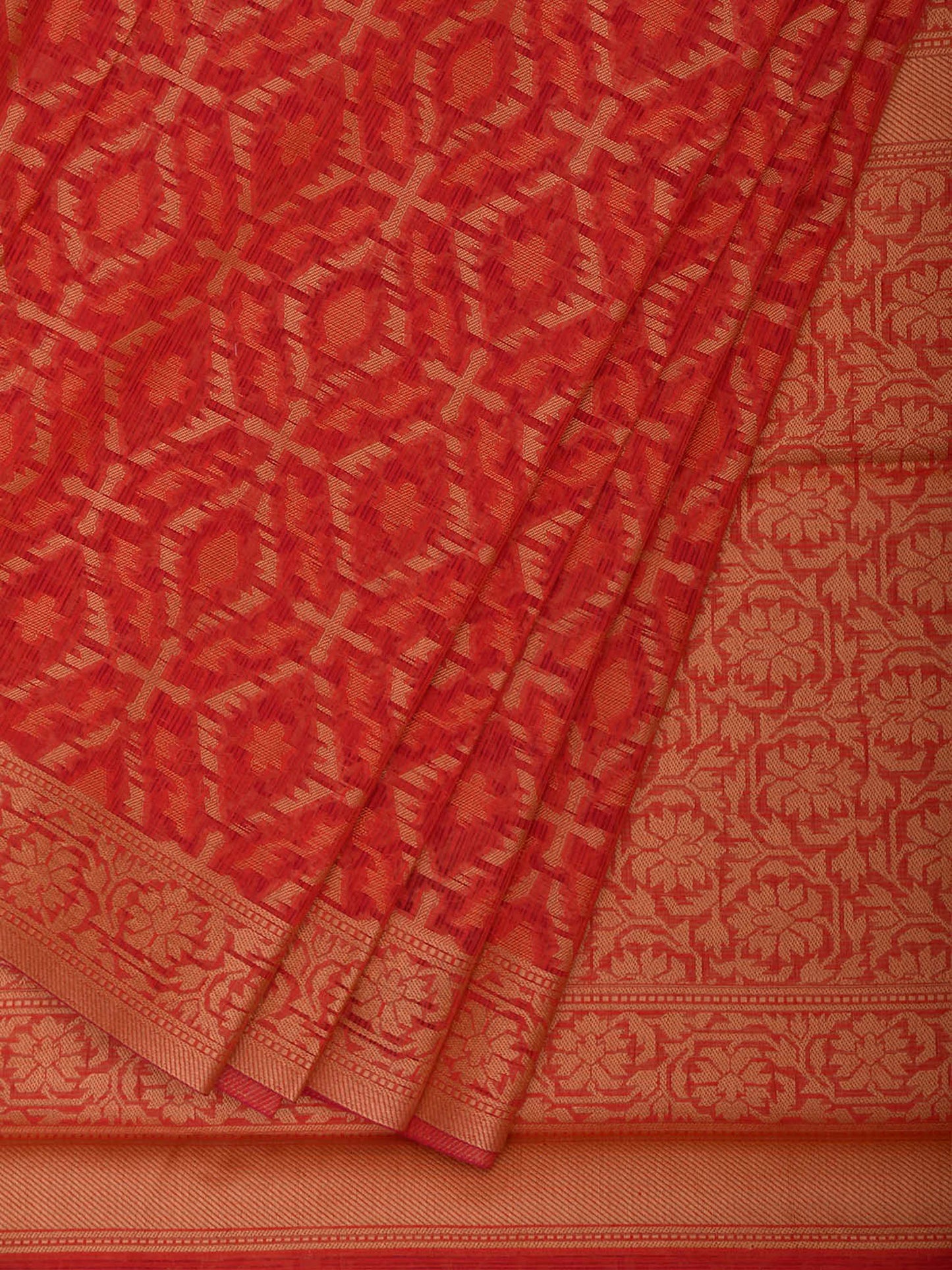 Red Dhakai Jamdani Cotton Viscose Saree with All Over and Floral Pallu Design dj0331