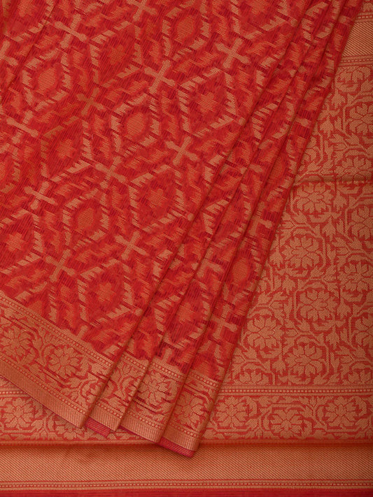 Red Dhakai Jamdani Cotton Viscose Saree with All Over and Floral Pallu Design dj0331
