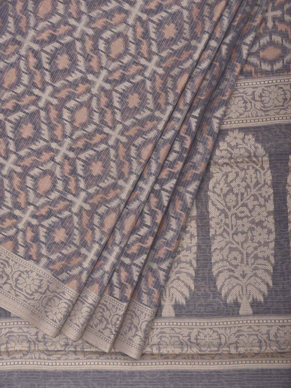 Light Grey Dhakai Jamdani Cotton Viscose Saree with All Over and Floral Pallu Design dj0332