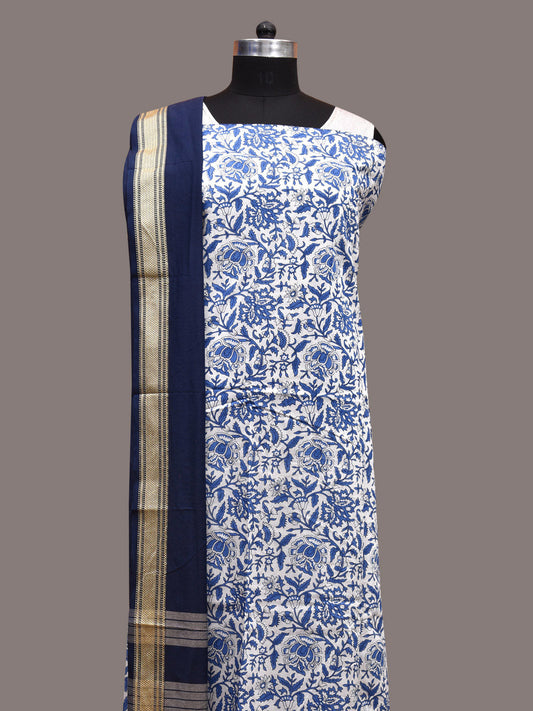 White and Dark Blue Bamboo Cotton Dress Material with Dupatta and Printed Top Plain Bottom Design dm0048