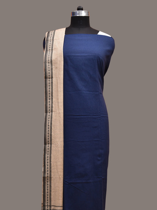 Dark Blue and Cream Bamboo Cotton Dress Material with Dupatta and Plain Top Strips Bottom Design dm0049