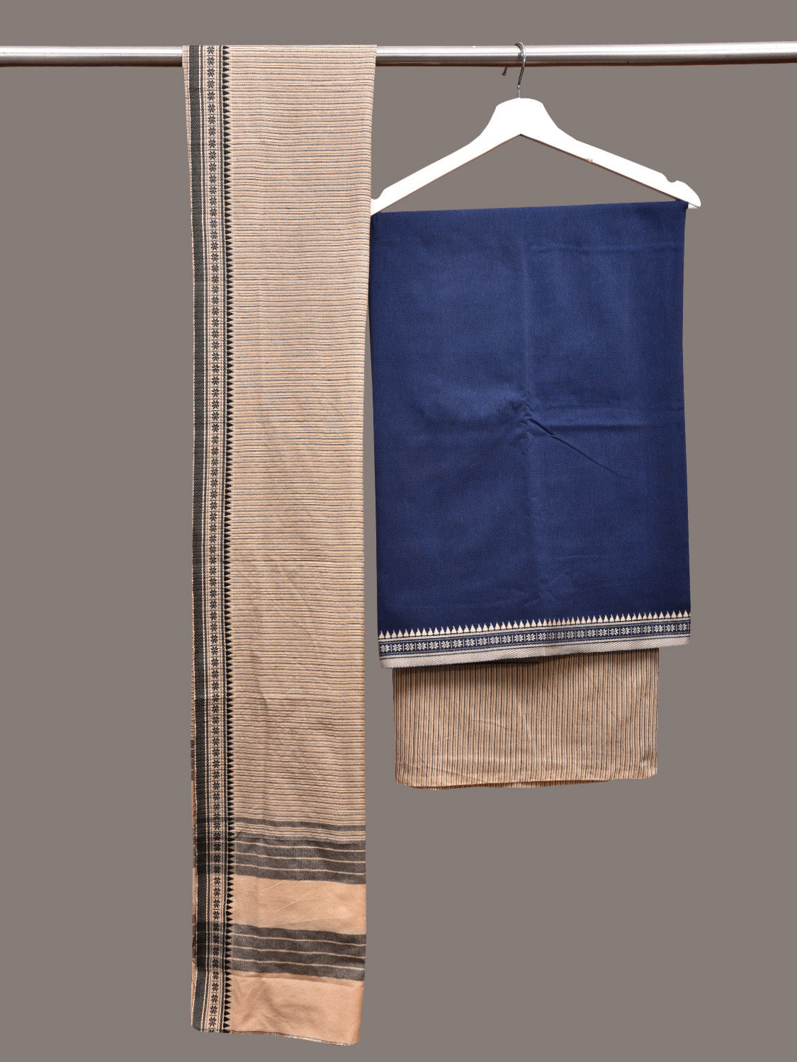 Dark Blue and Cream Bamboo Cotton Dress Material with Dupatta and Plain Top Strips Bottom Design dm0049