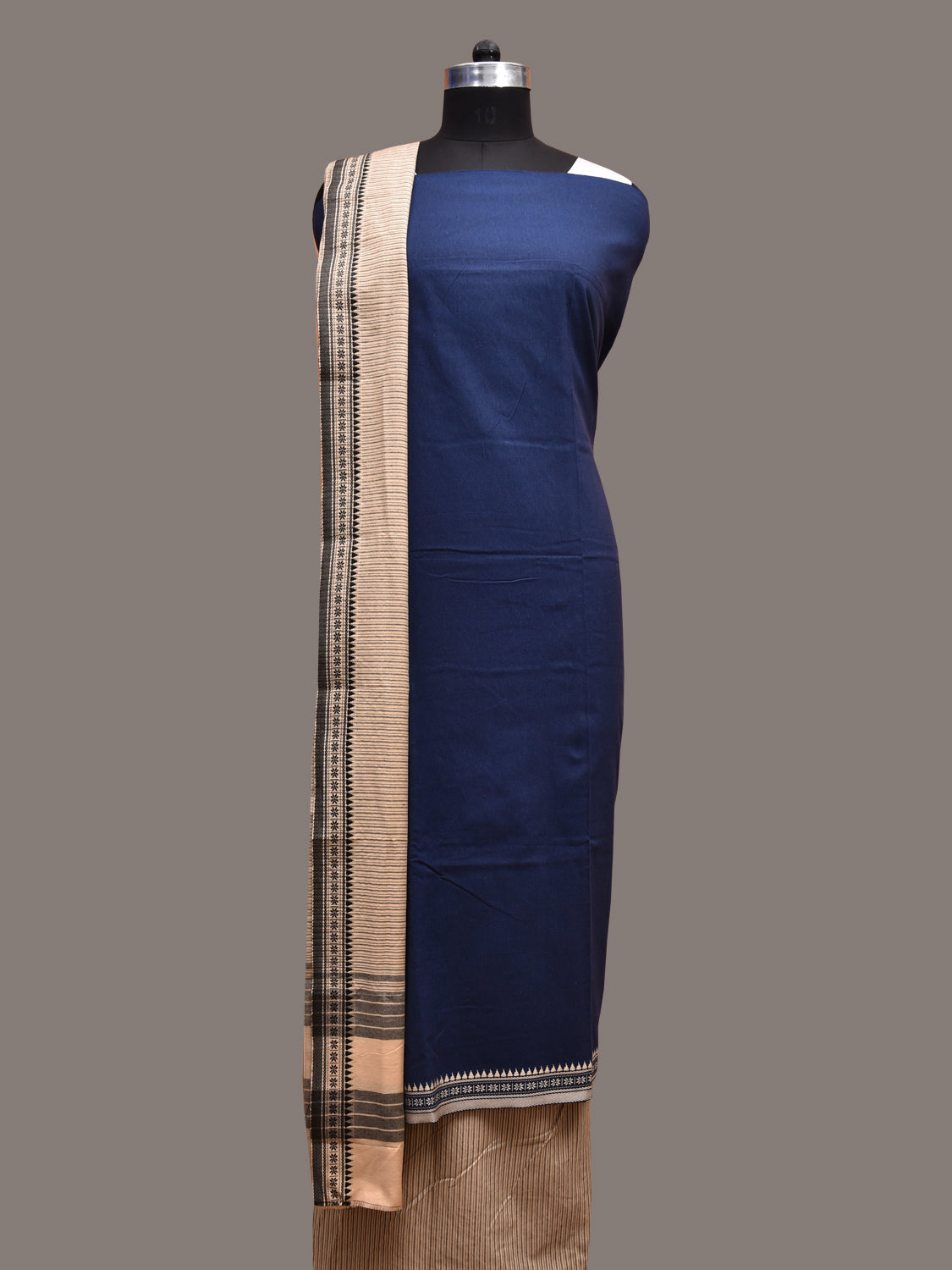 Dark Blue and Cream Bamboo Cotton Dress Material with Dupatta and Plain Top Strips Bottom Design dm0049