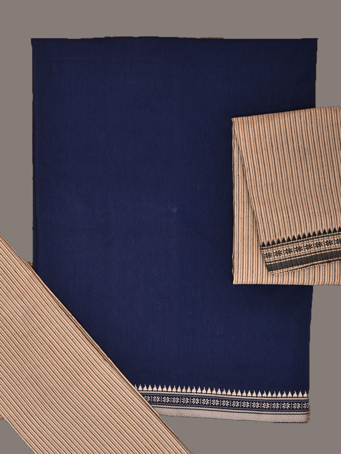 Dark Blue and Cream Bamboo Cotton Dress Material with Dupatta and Plain Top Strips Bottom Design dm0049