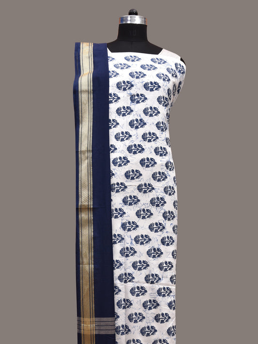 White and Dark Blue Bamboo Cotton Dress Material with Dupatta and Printed Top Plain Bottom Design dm0050
