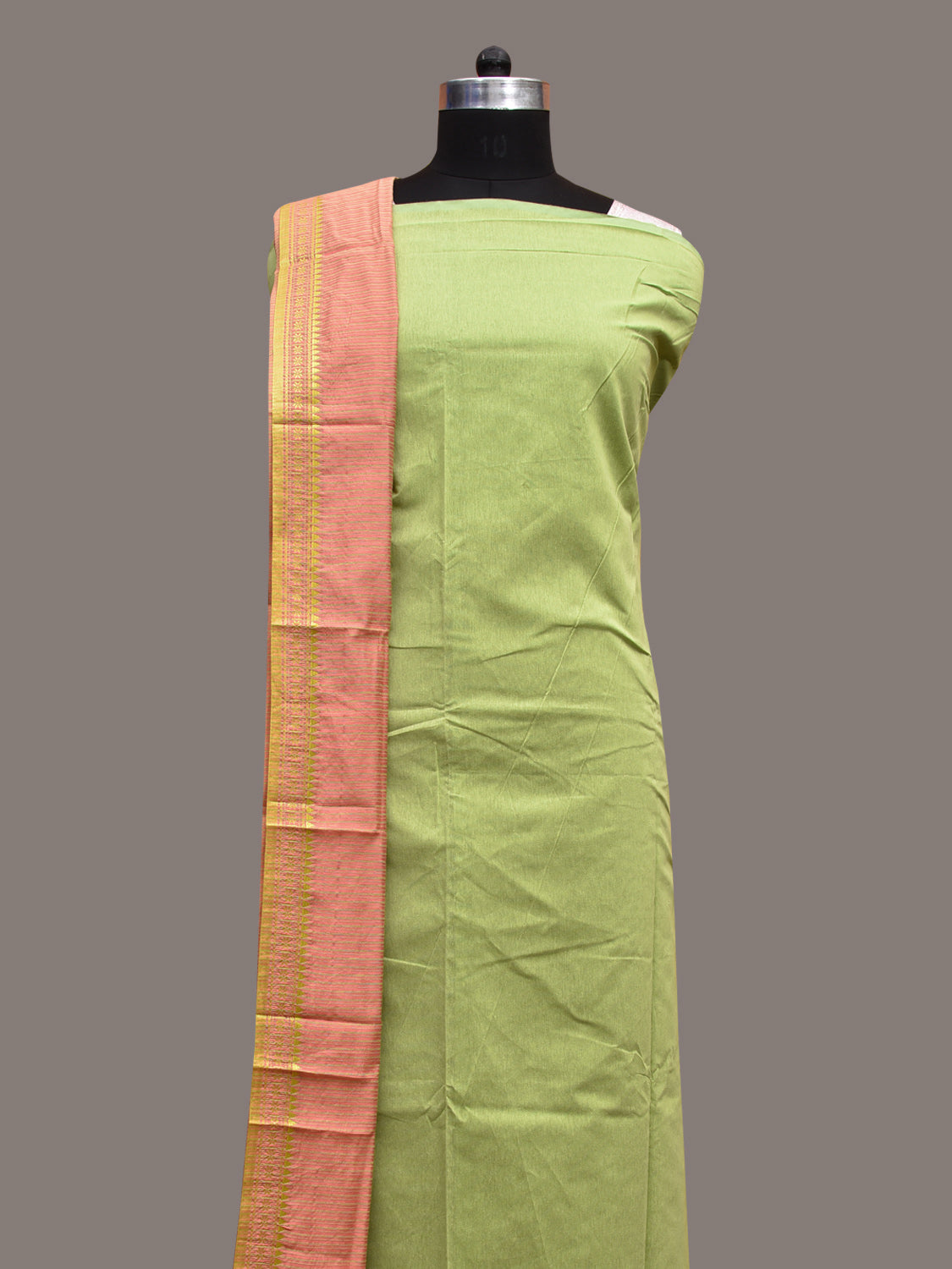 Light Green and Peach Bamboo Cotton Dress Material with Dupatta and Plain Top Strips Bottom Design dm0051