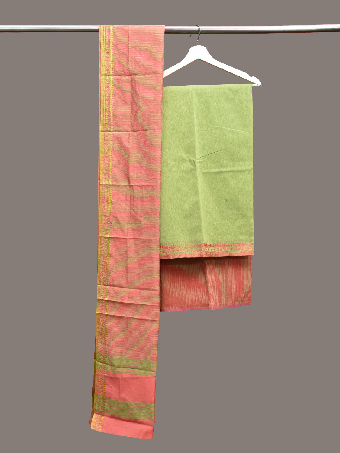 Light Green and Peach Bamboo Cotton Dress Material with Dupatta and Plain Top Strips Bottom Design dm0051