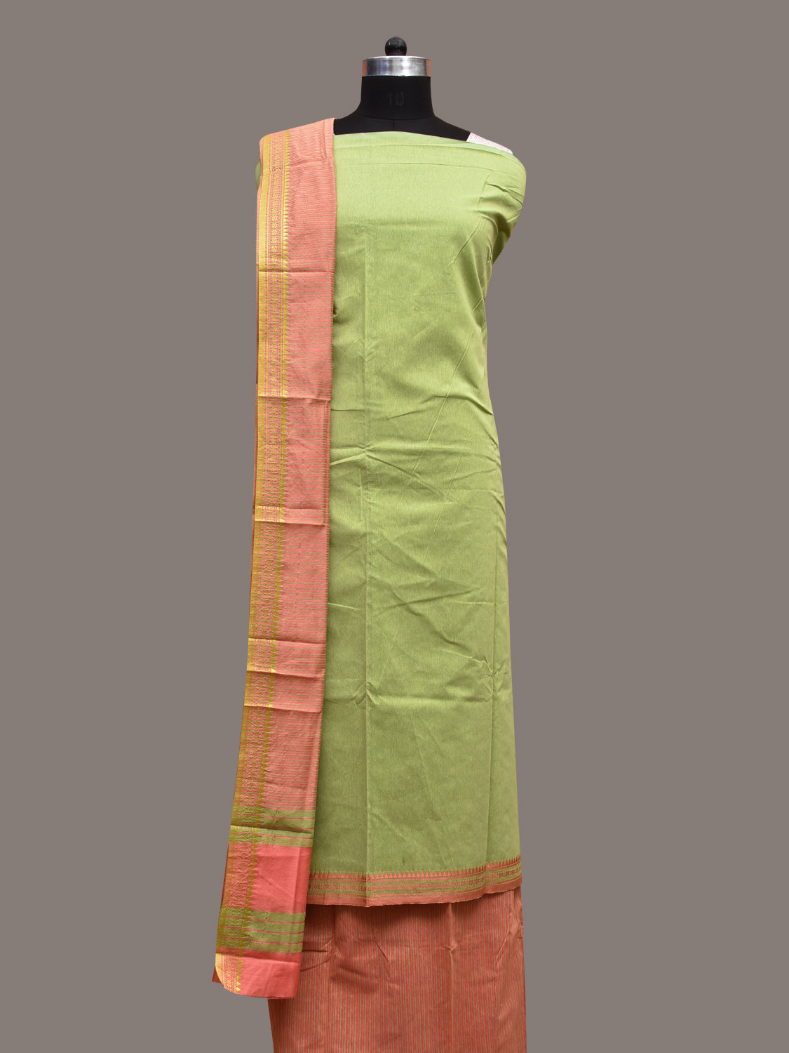 Light Green and Peach Bamboo Cotton Dress Material with Dupatta and Plain Top Strips Bottom Design dm0051