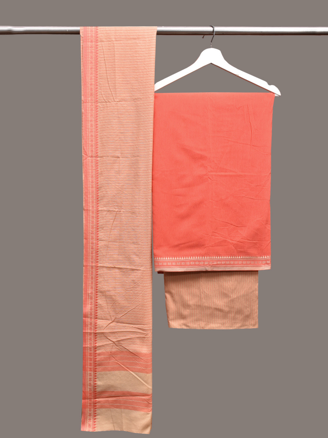Peach and Cream Bamboo Cotton Dress Material with Dupatta and Plain Top Strips Bottom Design dm0053