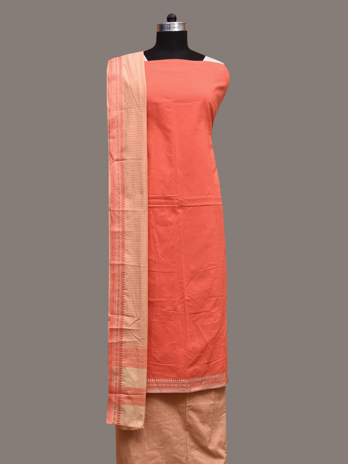 Peach and Cream Bamboo Cotton Dress Material with Dupatta and Plain Top Strips Bottom Design dm0053