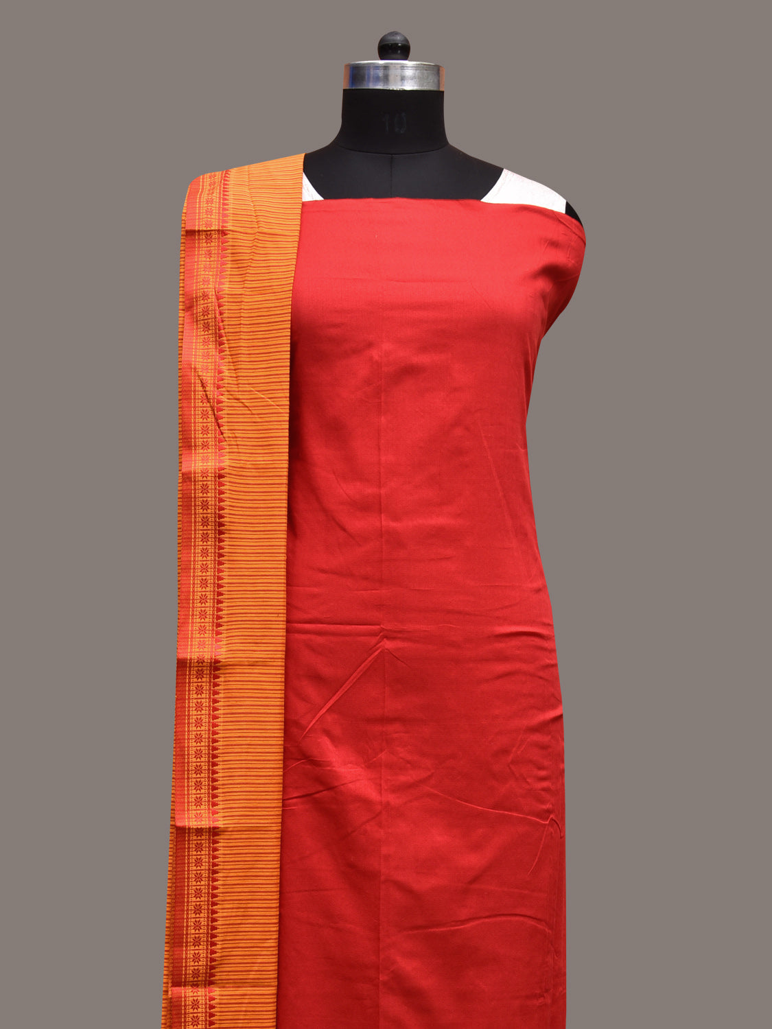 Red and Yellow Bamboo Cotton Dress Material with Dupatta and Plain Top Strips Bottom Design dm0054