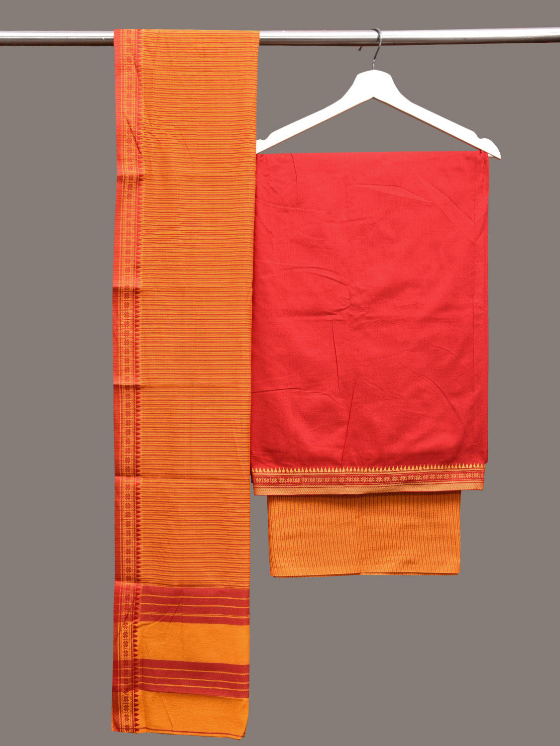 Red and Yellow Bamboo Cotton Dress Material with Dupatta and Plain Top Strips Bottom Design dm0054
