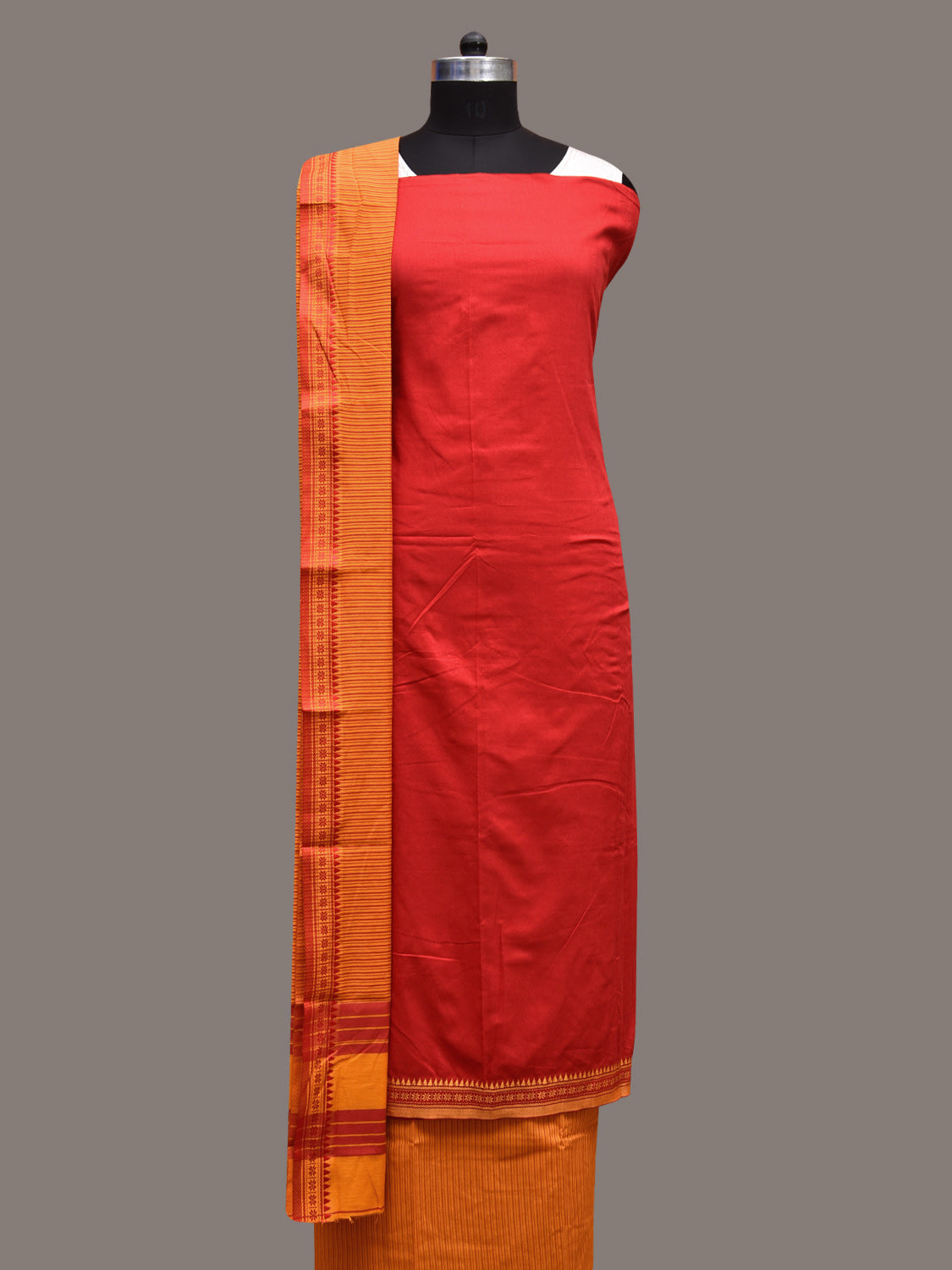 Red and Yellow Bamboo Cotton Dress Material with Dupatta and Plain Top Strips Bottom Design dm0054