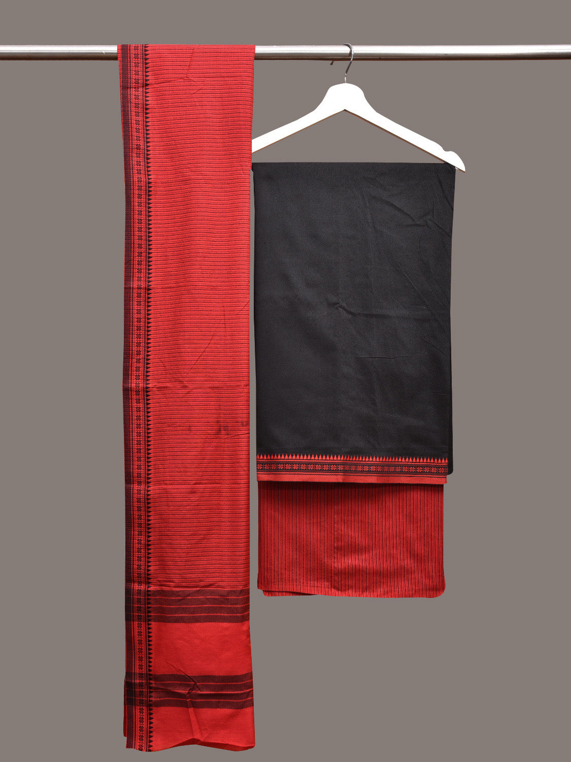 Black and Red Bamboo Cotton Dress Material with Dupatta and Plain Top Strips Bottom Design dm0055