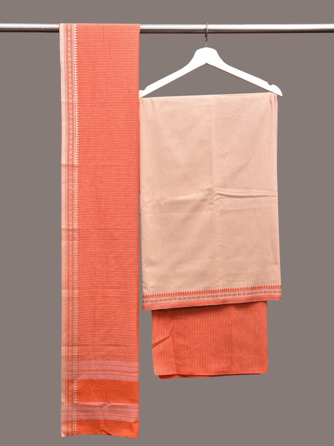 Cream and Orange Bamboo Cotton Dress Material with Dupatta and Plain Top Strips Bottom Design dm0056