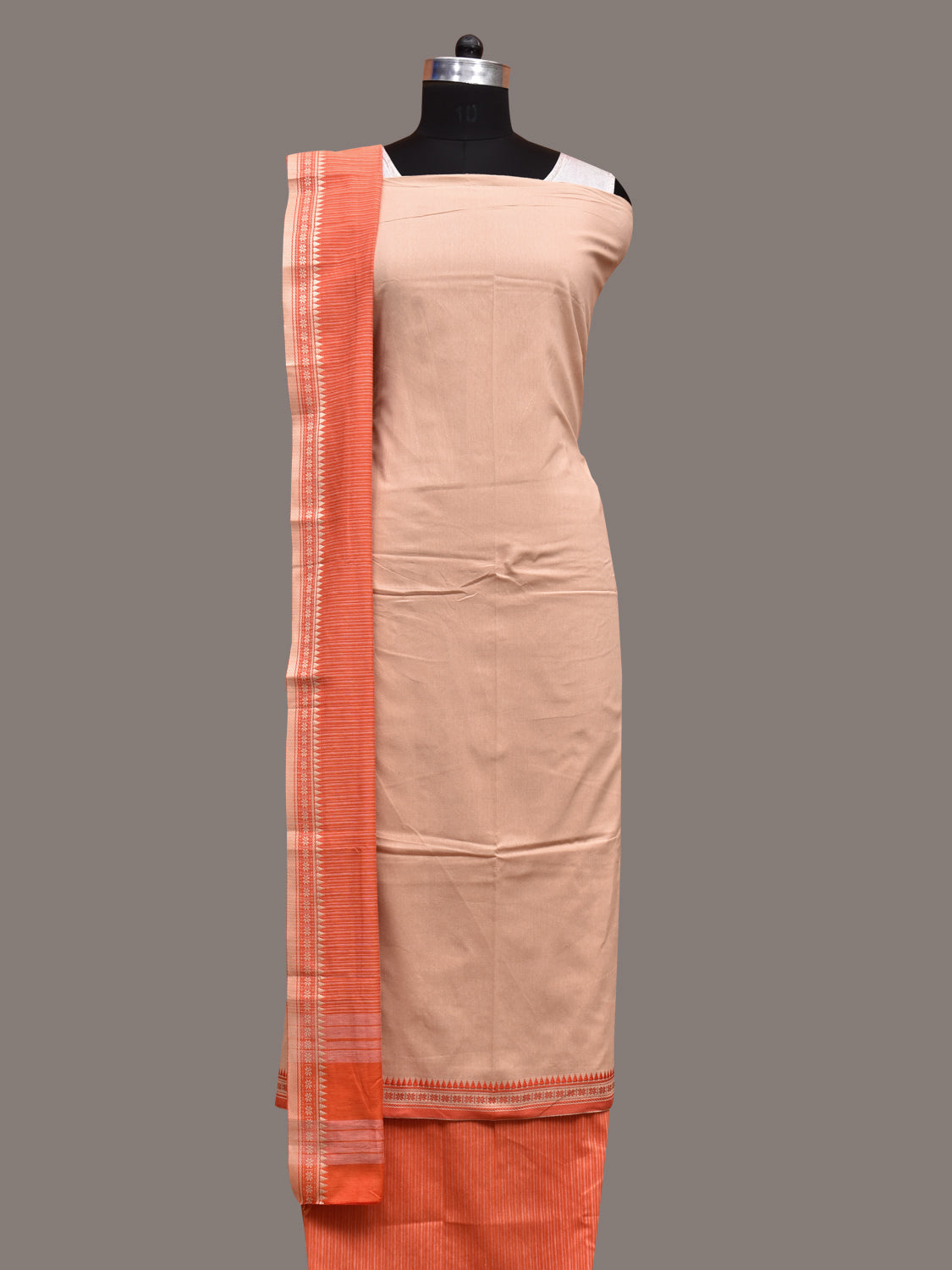 Cream and Orange Bamboo Cotton Dress Material with Dupatta and Plain Top Strips Bottom Design dm0056