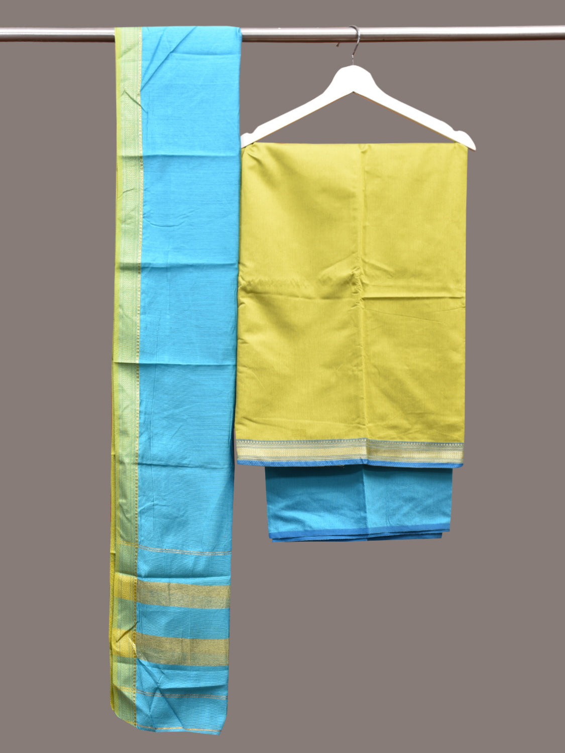 Light Green and Blue Bamboo Cotton Dress Material with Dupatta and Plain Top Strips Bottom Design dm0057