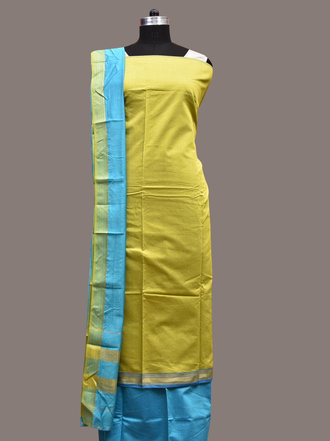 Light Green and Blue Bamboo Cotton Dress Material with Dupatta and Plain Top Strips Bottom Design dm0057