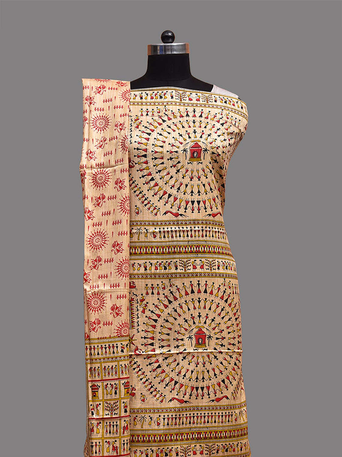 Cream Madhubani Print Tussar Dress Material with Top-Bottom Piece and Dupatta dm0058
