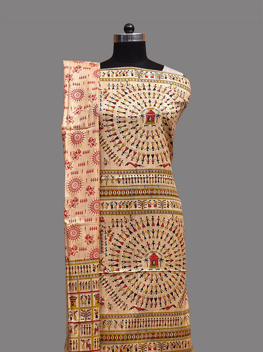 Cream Madhubani Print Tussar Dress Material with Top-Bottom Piece and Dupatta dm0058