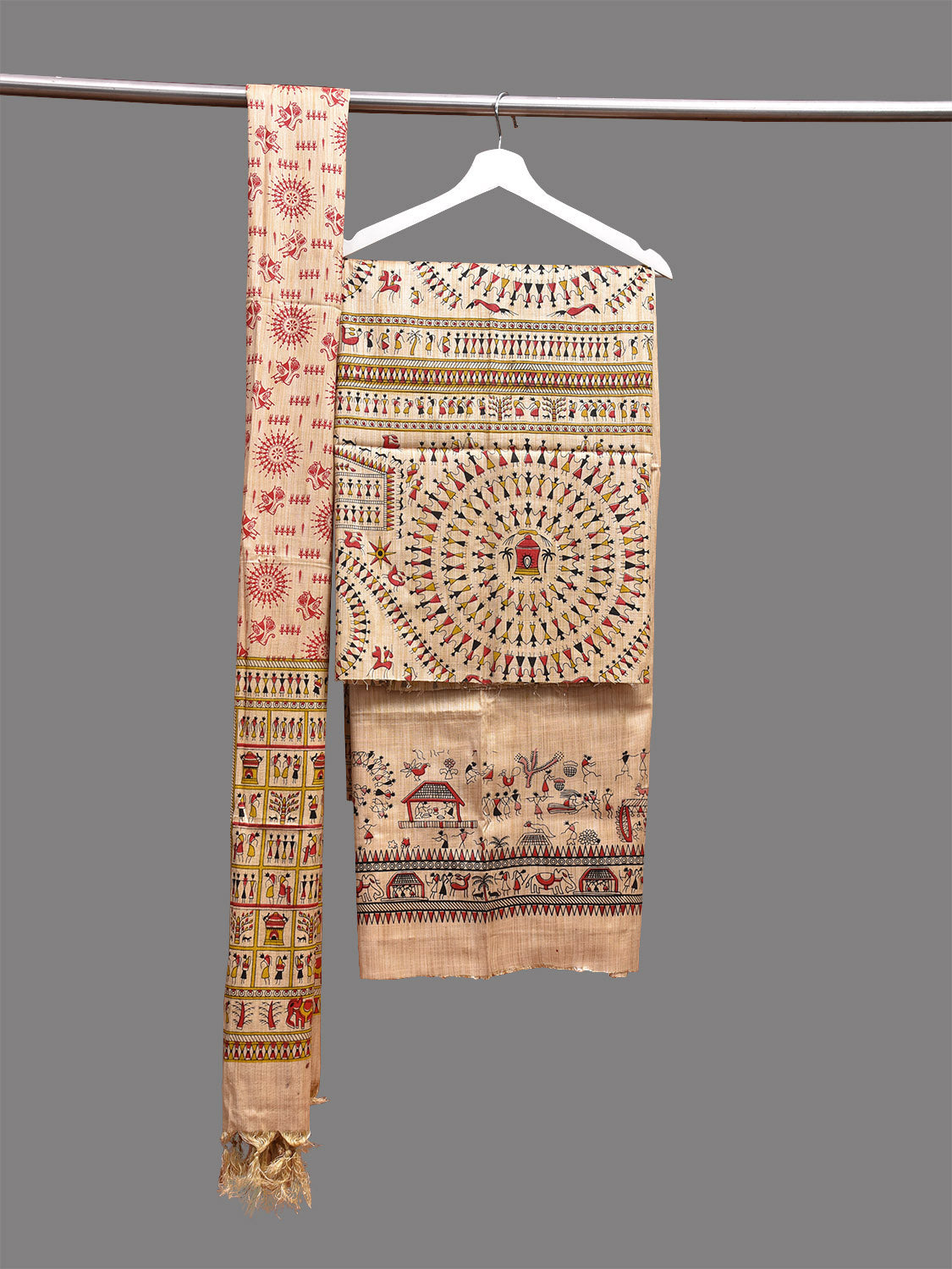 Cream Madhubani Print Tussar Dress Material with Top-Bottom Piece and Dupatta dm0058