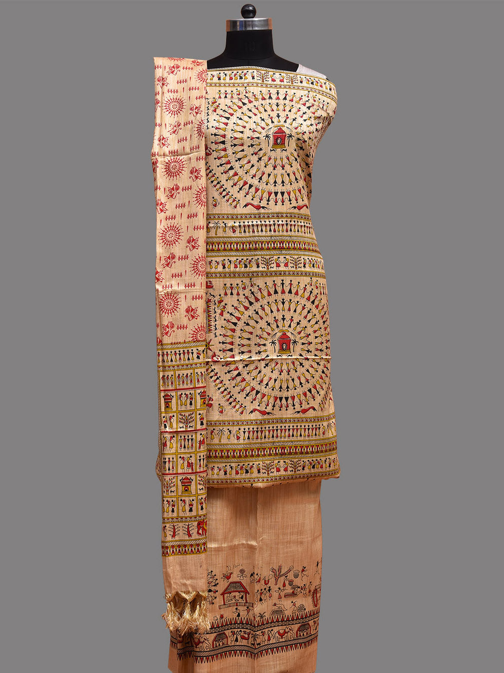 Cream Madhubani Print Tussar Dress Material with Top-Bottom Piece and Dupatta dm0058