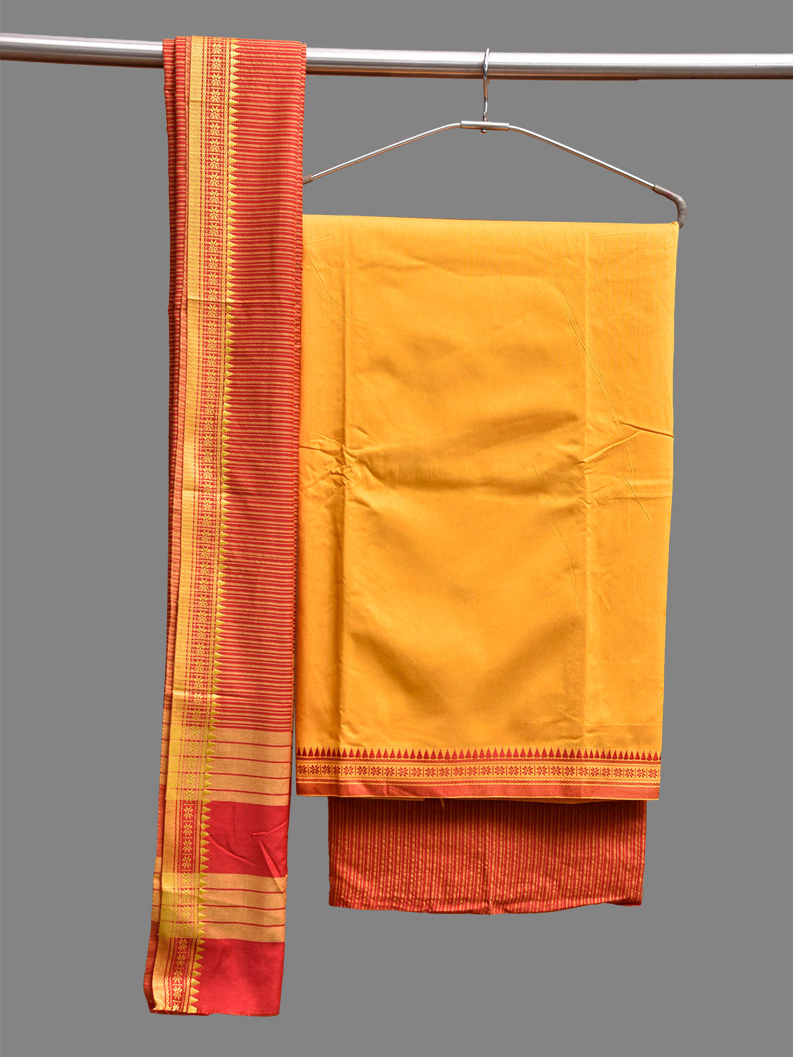Yellow and Red Bamboo Cotton Dress Material with Strips Dupatta and Plain Top and Bottom Design dm0074