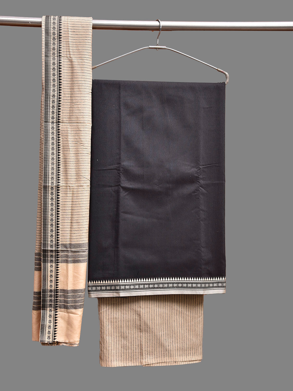 Black and Cream Bamboo Cotton Dress Material with Strips Dupatta and Plain Top and Bottom Design dm0075