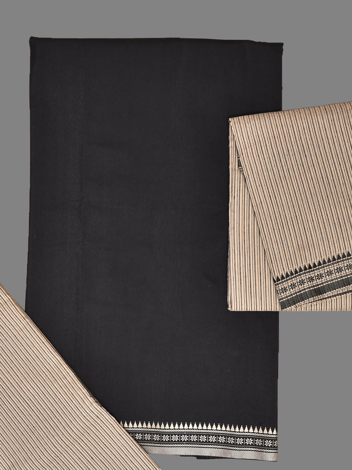 Black and Cream Bamboo Cotton Dress Material with Strips Dupatta and Plain Top and Bottom Design dm0075