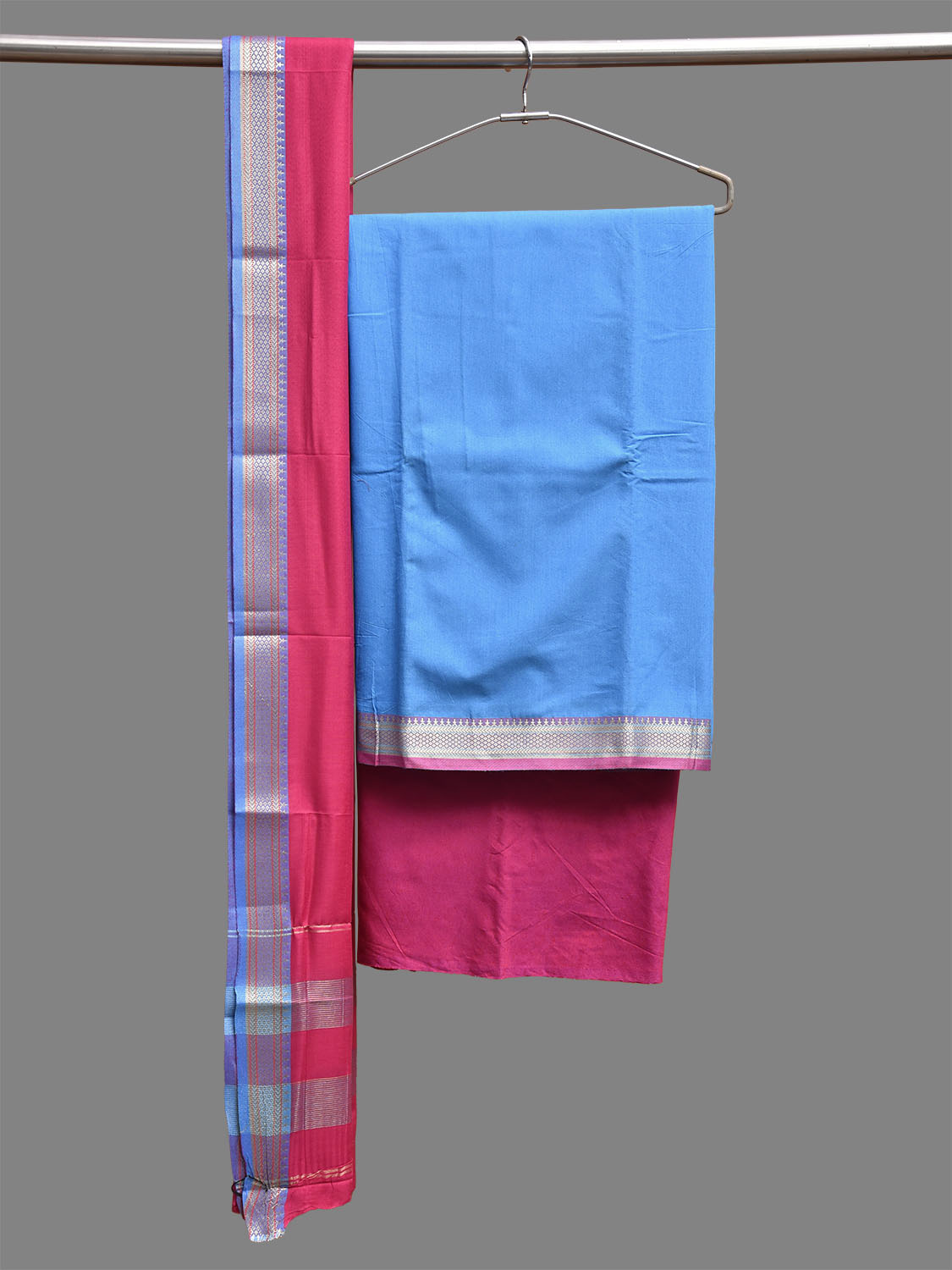 Blue and Pink Bamboo Cotton Dress Material with Dupatta and Plain Top and Bottom Design dm0076