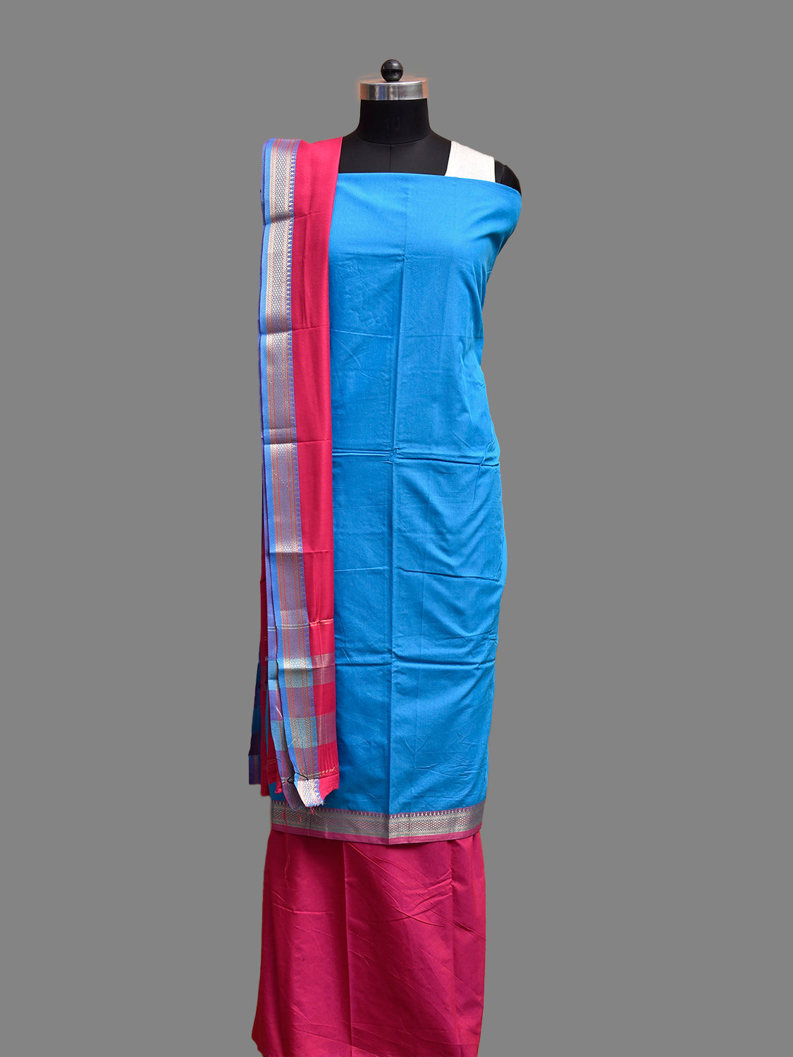 Blue and Pink Bamboo Cotton Dress Material with Dupatta and Plain Top and Bottom Design dm0076