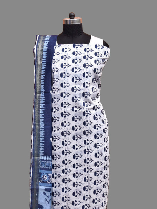 White and Blue Bamboo Cotton Dress Material with Floral Dupatta and Top Strips Bottom Design dm0077