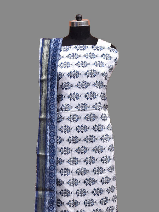 White and Blue Bamboo Cotton Dress Material with Floral Dupatta and Top Strips Bottom Design dm0081