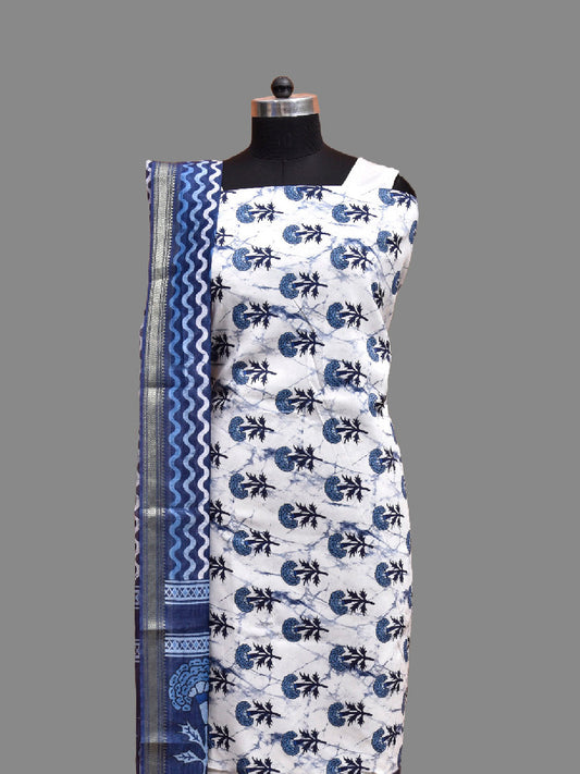 White and Blue Bamboo Cotton Dress Material with Floral Top and Zig-Zag Dupatta Bottom Design dm0083
