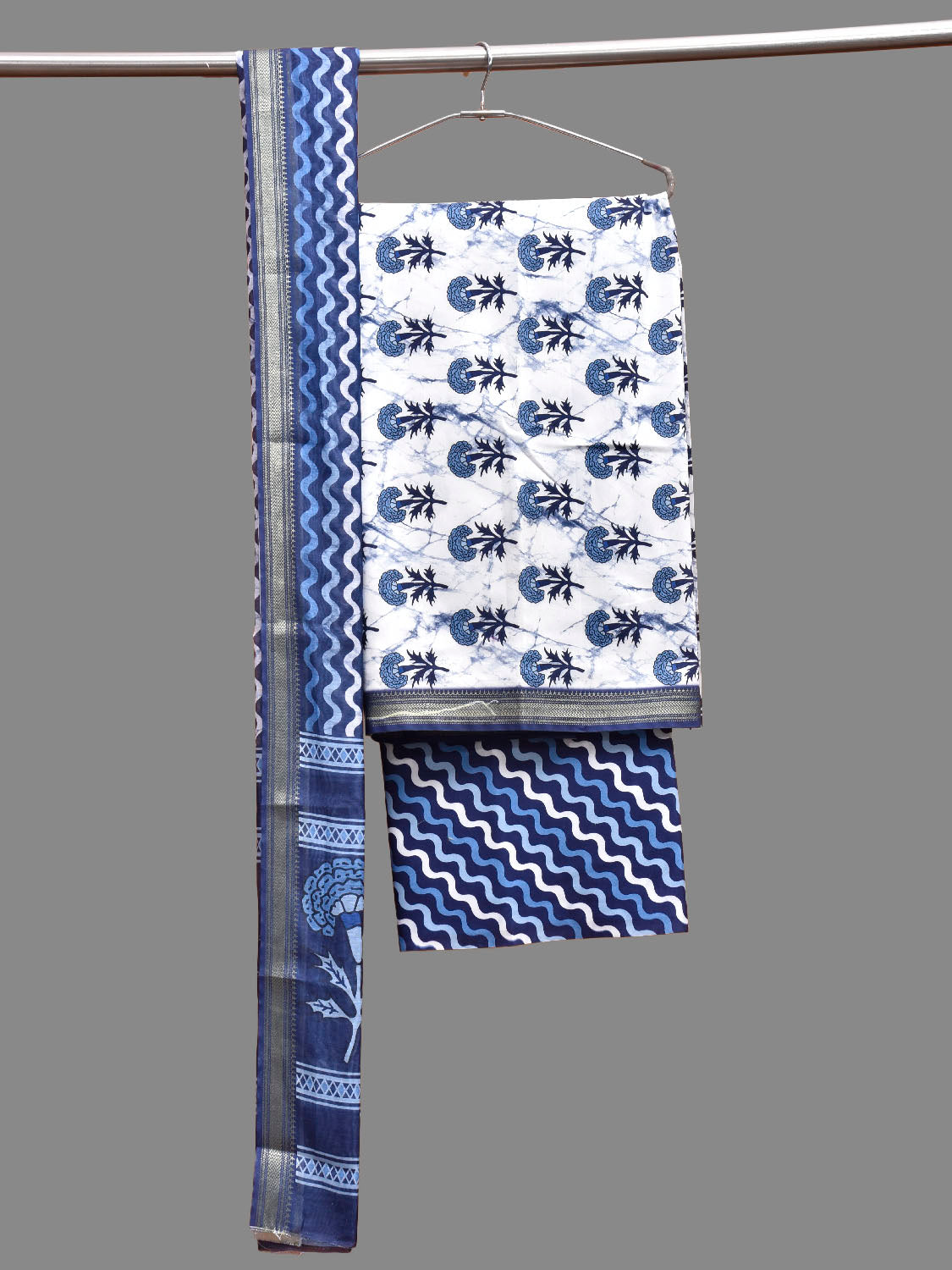 White and Blue Bamboo Cotton Dress Material with Floral Top and Zig-Zag Dupatta Bottom Design dm0083
