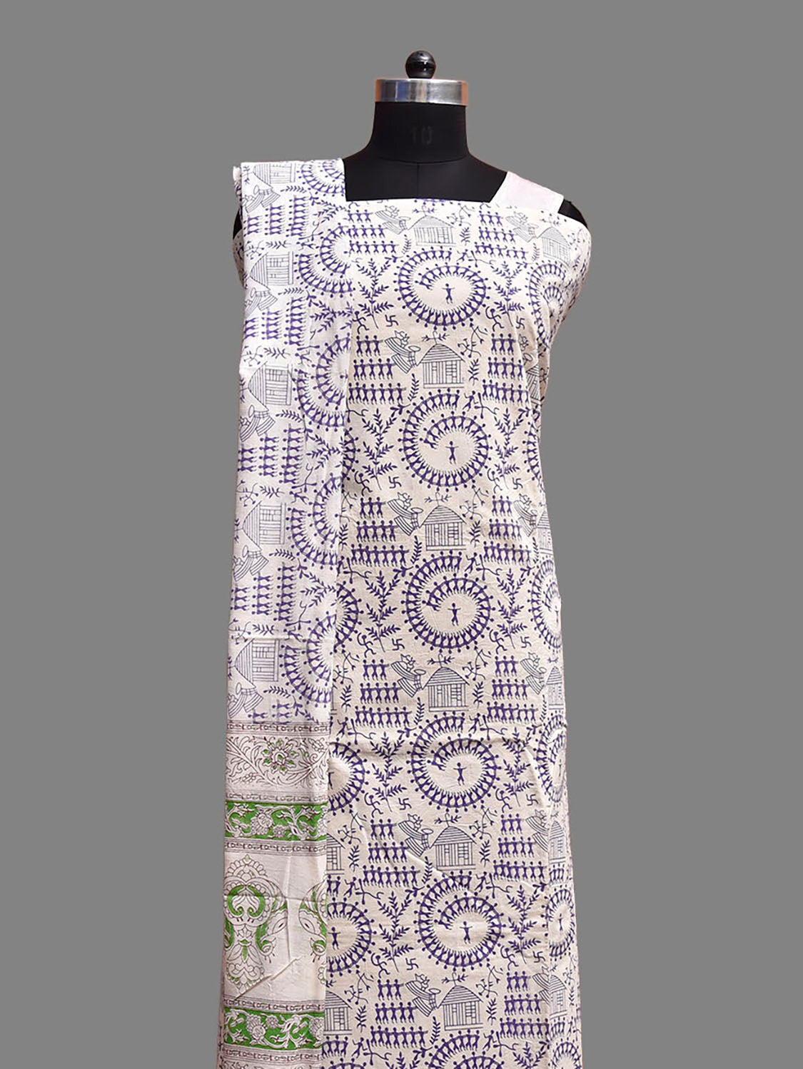 White and Blue Warli Print Cotton Dress Material with Top Dupatta and Plain Bottom Design dm0086