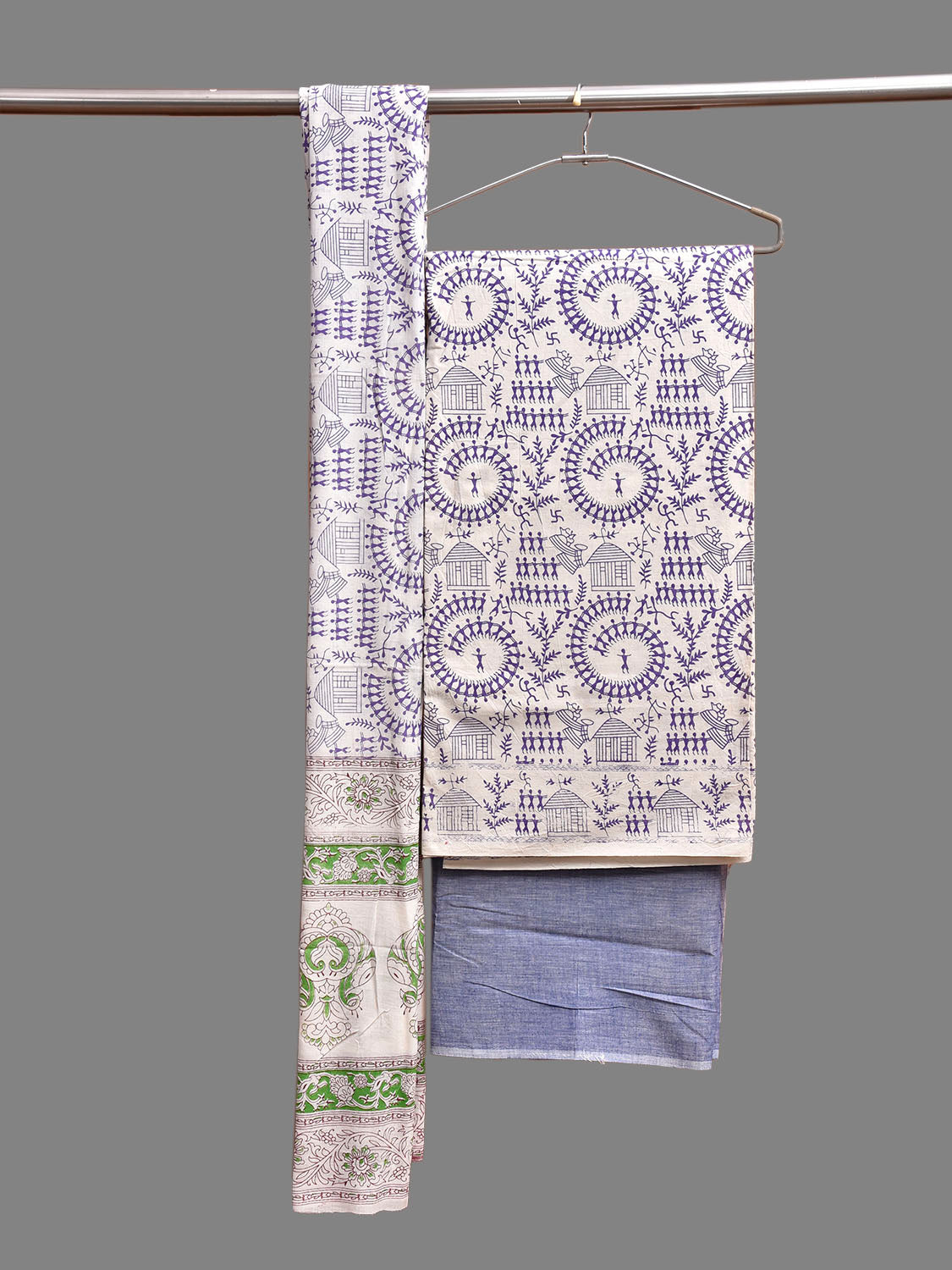 White and Blue Warli Print Cotton Dress Material with Top Dupatta and Plain Bottom Design dm0086
