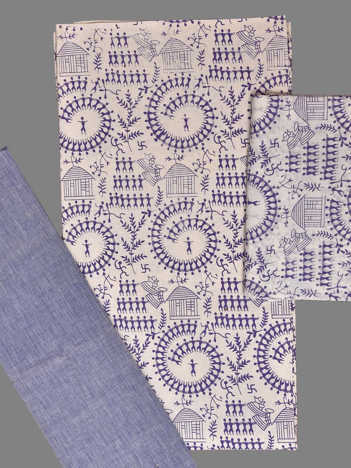 White and Blue Warli Print Cotton Dress Material with Top Dupatta and Plain Bottom Design dm0086