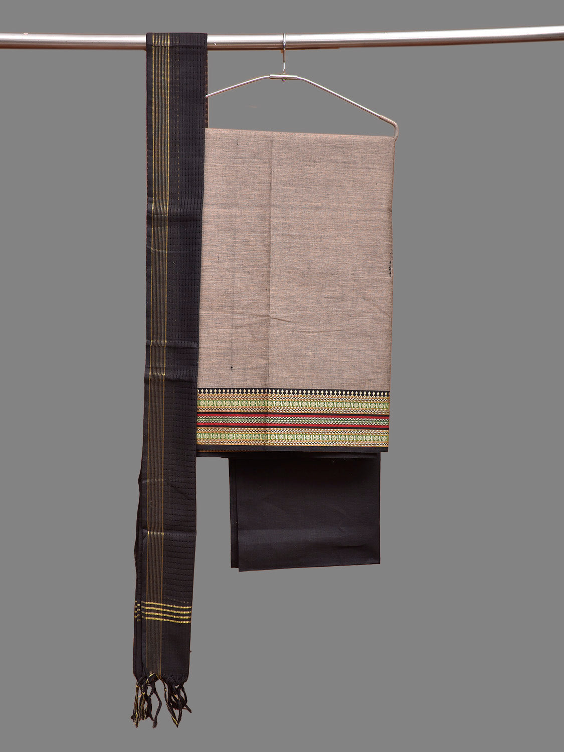 Khaki and Black Kanchipuram Cotton Dress Material with Top Bottom and Dupatta 2.5mt Length dm0089