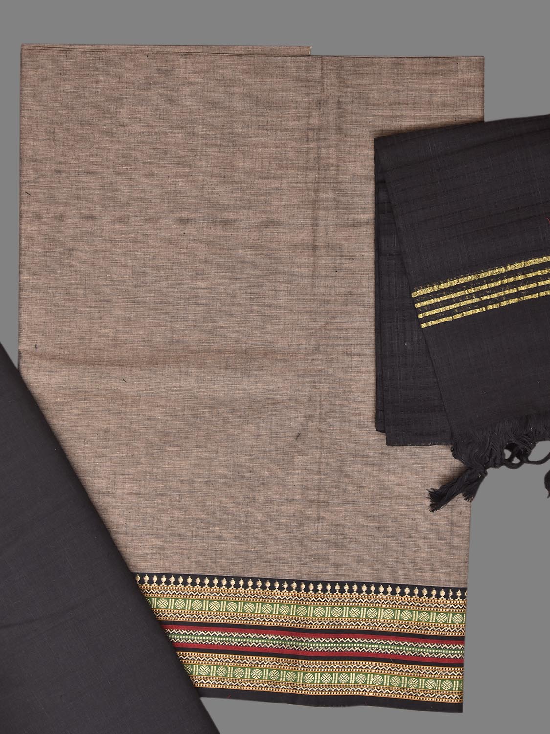 Khaki and Black Kanchipuram Cotton Dress Material with Top Bottom and Dupatta 2.5mt Length dm0089