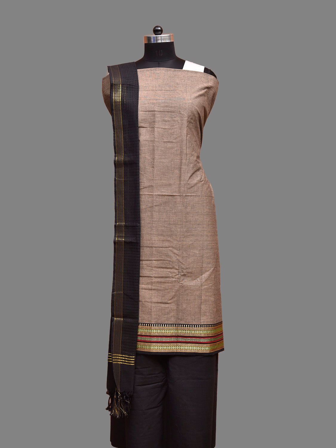 Khaki and Black Kanchipuram Cotton Dress Material with Top Bottom and Dupatta 2.5mt Length dm0089
