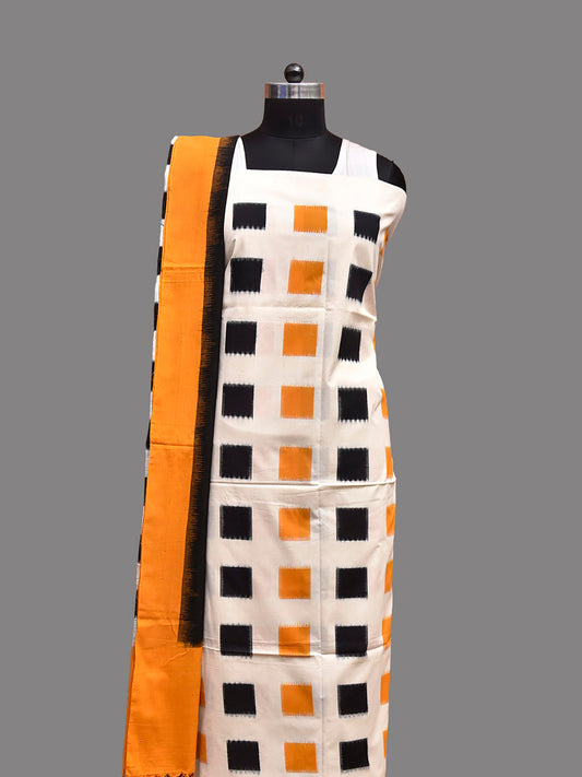 White and Yellow Pochampally Ikat Cotton Handloom Dress Material with Top Bottom and Dupatta 2.5mt Length dm0091