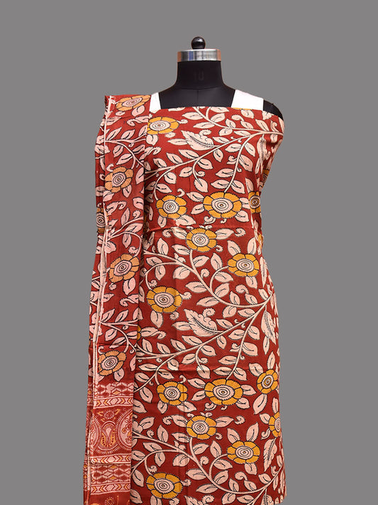 Red and Light Peach Kalamkari Printed Cotton Dress Material with Top Bottom and Dupatta 2.5mt Length dm0092