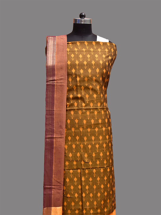 Olive and Light Orange Pochampally Ikat Cotton Handloom Dress Material with Top Bottom and Mangalgiri Dupatta dm0093