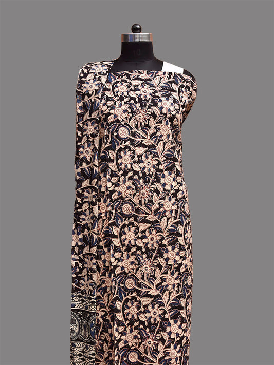 Black and Blue Kalamkari Block Print Cotton Dress Material with Top Bottom and Dupatta dm0094