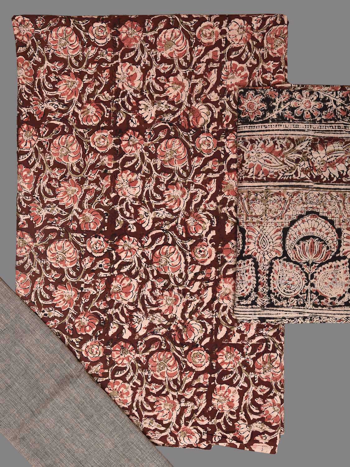 Maroon and Grey Kalamkari Block Print Cotton Dress Material with Top Bottom and Dupatta dm0096