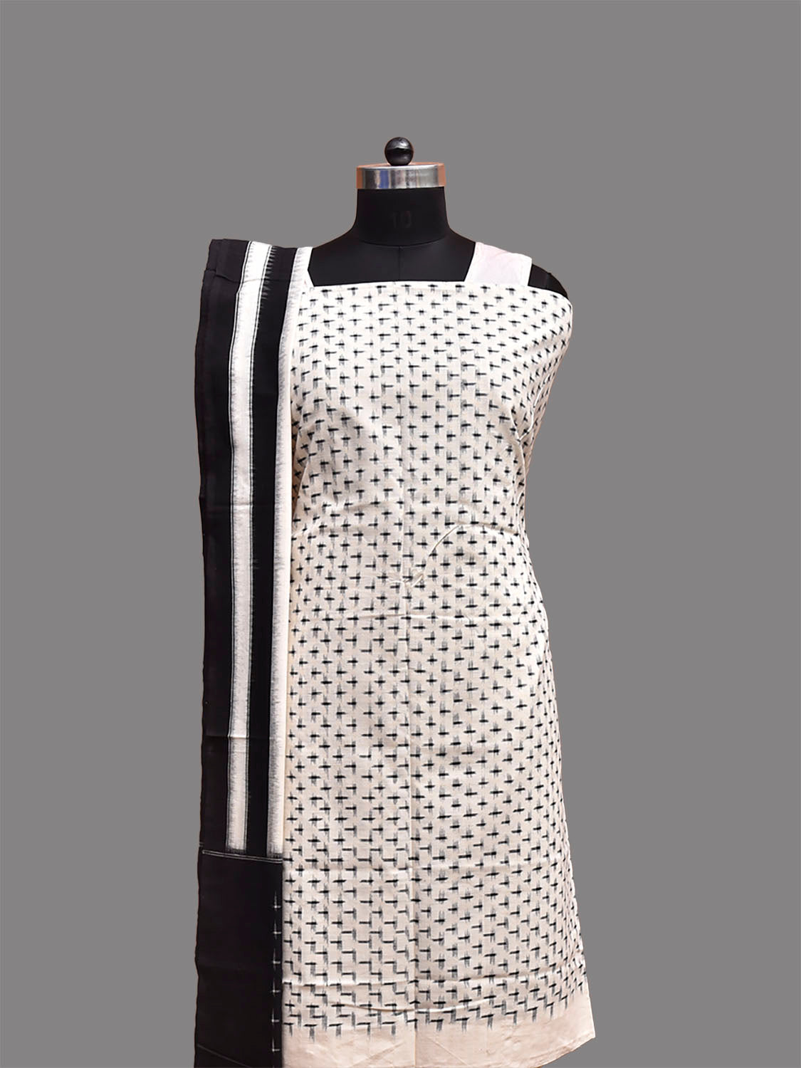 Black and White Pochampally Ikat Cotton Handloom Dress Material with Top Khadi Bottom and Dupatta dm0097