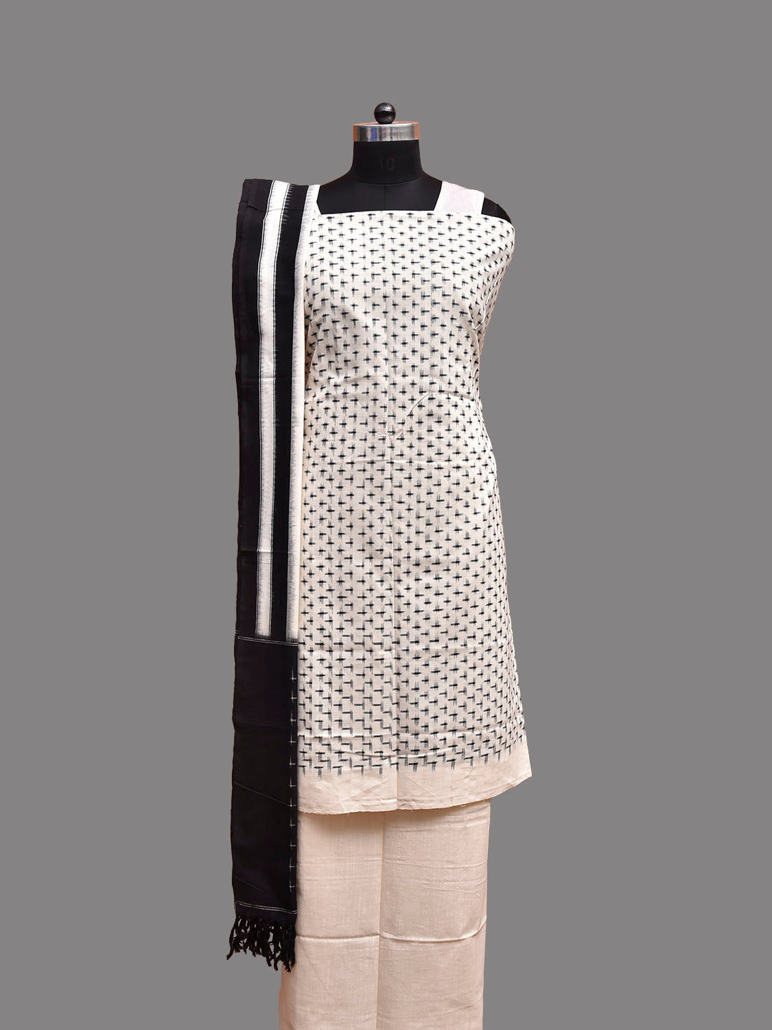 Black and White Pochampally Ikat Cotton Handloom Dress Material with Top Khadi Bottom and Dupatta dm0097