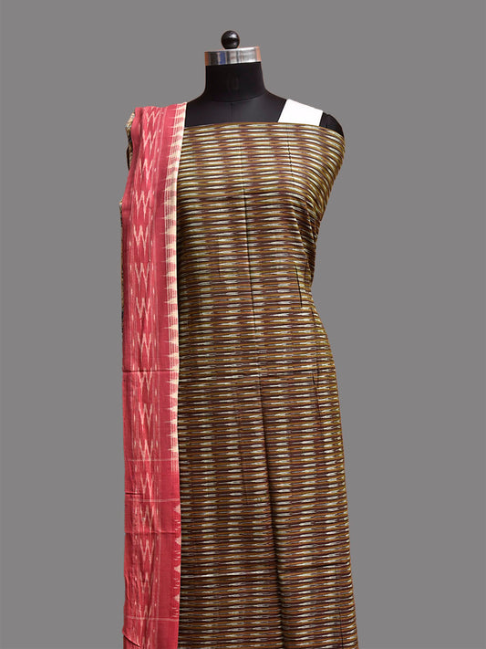 Olive and Grey Pochampally Ikat Cotton Handloom Dress Material with Top Bottom and Kalamkari Block Print Dupatta dm0098