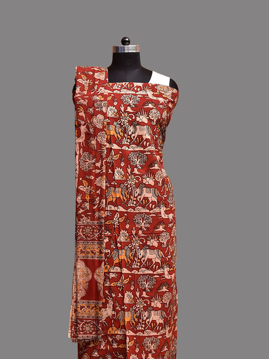 Dark Red and Mustard Kalamkari Print Cotton Dress Material with Top Bottom and Dupatta dm0100